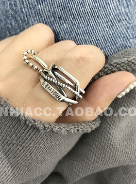 s925银多层编织圆珠食指戒指女泰银复古个性夸张欧美开口指环潮