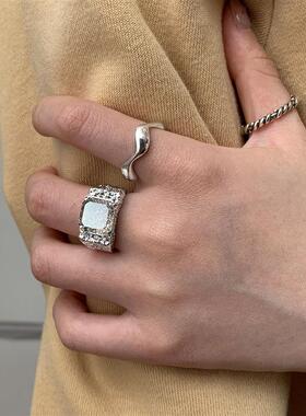 韩版S925银几何宝石戒指女复古优雅气质锡纸纹路开口指环食指戒潮