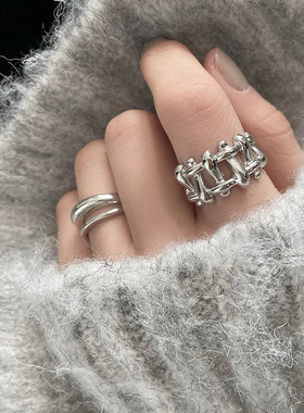 韩版S925银几何镂空拼接戒指女复古时尚个性栅栏开口指环食指戒潮