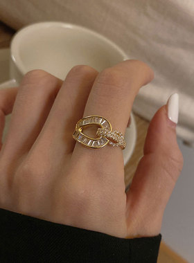 韩版S925银绳结戒指女复古时尚微镶锆石马蹄扣开口指环创意食指戒