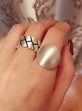 韩国大圆球戒指女925银ins个性网红气质拉丝几何夸张潮流食指戒