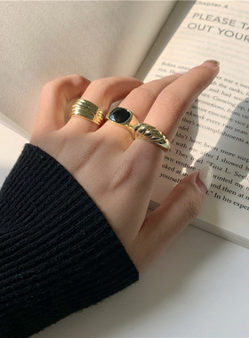 几何条纹戒指女法式复古气质优雅黑色滴釉S925银开口指环食指戒潮