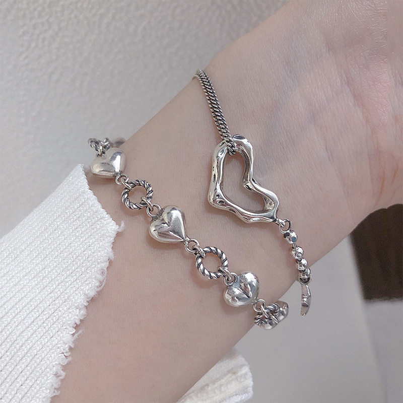 韩版S925银几何桃心形手链女复古时尚星星一串爱心手环创意手饰品