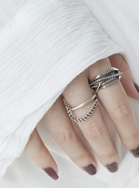 韩版S925银线条多层缠绕戒指女复古时尚字母链条开口食指环潮