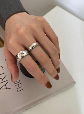 韩版S925银网格交叉戒指女复古时尚简约开口指环个性嘻哈食指戒潮