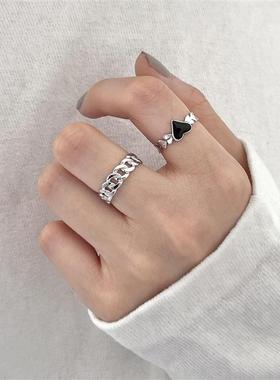 韩版S925银时尚镂空链条戒指女复古气质爱心鳞片开口指环食指戒潮