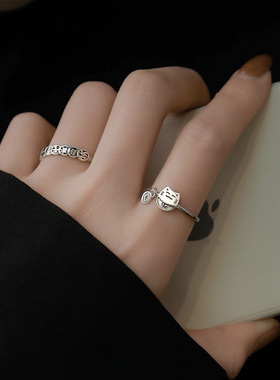 民族风S925银钱多多戒指女复古时尚气质猫开口指环嘻哈食指戒