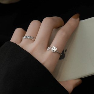 民族风S925银钱多多戒指女复古时尚气质猫开口指环嘻哈食指戒