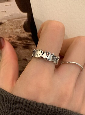 网红卡通戒指女复古时尚动物王国小熊兔子S925银开口食指环潮
