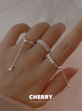 韩版S925银简约小圆珠链条抽拉戒指女复古时尚气质指环个性食指戒