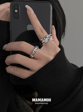 日韩S925银几何不规则戒指女复古时尚褶皱嘻哈开口指环创意食指戒