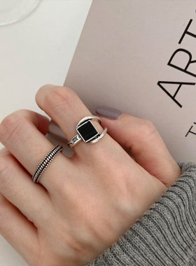 韩版S925银几何不规则戒指女复古时尚麻花开口指环嘻哈个性食指戒