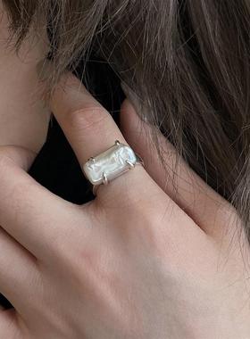 日韩S925银不规则珍珠巴洛克戒指女复古时尚夸张开口指环食指戒潮