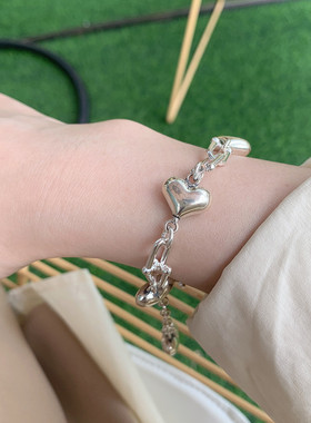 韩版S925银双爱心手链女复古时尚气质U型马蹄扣手环创意手饰品潮