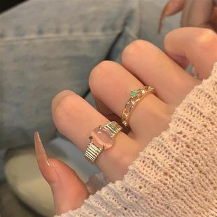 甜酷粉色猫眼石戒指女韩版时尚白玫瑰ins风开口指环网红食指戒潮