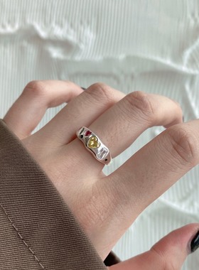 彩色爱心方块锆石戒指女璀璨星空个性百搭S925银开口指环食指戒潮