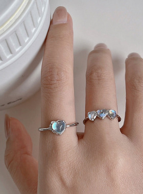 月光石爱心戒指女ins小众设计幻彩闪亮S925银开口指环甜酷食指戒