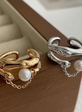 双层流苏链条戒指女简约气质优雅珍珠S925银开口指环叠戴食指戒潮
