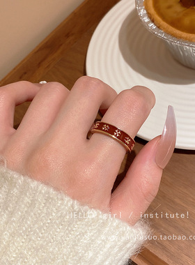 复古红色滴釉四叶花瓣戒指女轻奢感ins小众食指戒开口指环潮