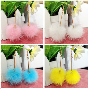 真水貂毛 耳坠秋冬款 白色毛球球耳环女2024新款 潮耳饰毛绒超仙长款