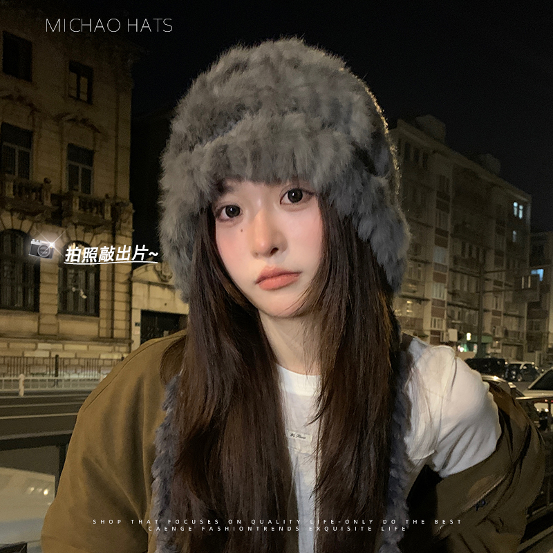 帽子女兔毛针织渔夫帽冬季