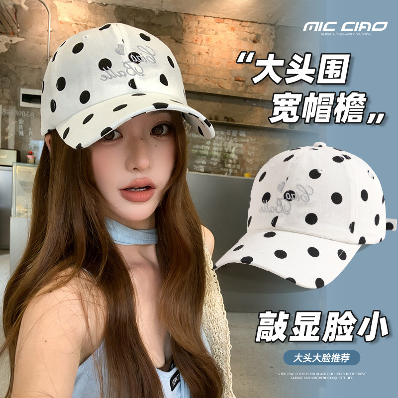 白色复古波点帽子女棒球帽大头围显脸小2026新款深顶宽帽檐鸭舌帽