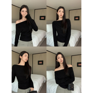 斜肩T恤女小众一字领露肩针织上衣 优雅长袖 MULVAN 美女都爱穿