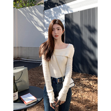 MULVAN 一字肩修身毛衣女秋冬露肩设计感针织衫气质长袖上衣