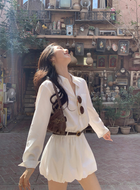 MULVAN 山茶白茉莉 极简白色衬衫连衣裙女休闲收腰气质短款花苞裙