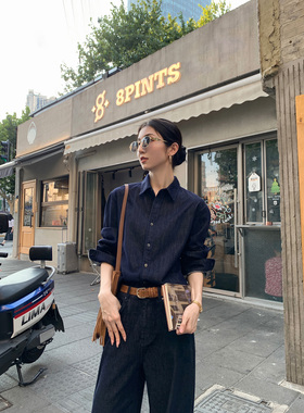 MULVAN蓝色复古牛仔衬衫外套女早秋长袖宽松百搭气质休闲开衫衬衣