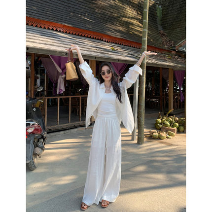 MULVAN 万搭衬衫 亚麻轻薄宽松衬衣女春夏慵懒风长袖防晒衫上衣