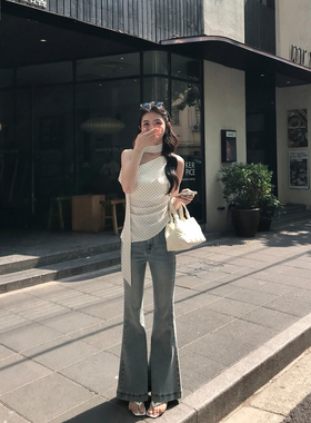 MULVAN 优越比例 浅蓝色微喇牛仔裤女高腰显腿长直筒喇叭裤长裤