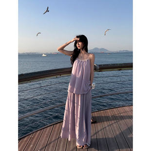 夏 MULVAN 海岛假日 钉珠设计吊带上衣女 醋酸a字半身裙度假风套装