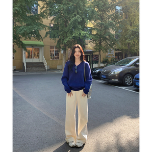 MULVAN V领毛衣女秋冬套头慵懒宽松长袖羊毛休闲百搭加厚针织上衣