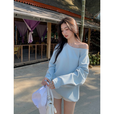 斜肩露肩卫衣女长袖一字肩上衣