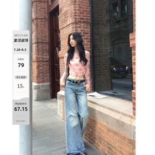 MULVAN 网纱印花长袖t恤女2025春设计感小众高腰短款修身纯欲上衣