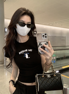 MULVAN 甜宠教主 童趣小猫印花短袖T恤女圆领减龄短款正肩上衣夏