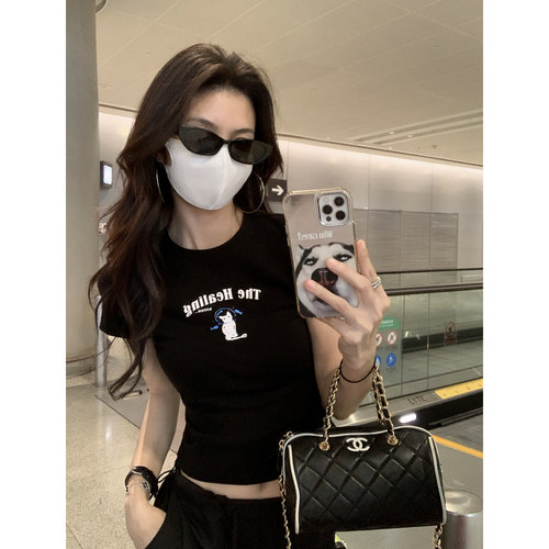 MULVAN 甜宠教主 童趣小猫印花短袖T恤女圆领减龄短款正肩上衣夏