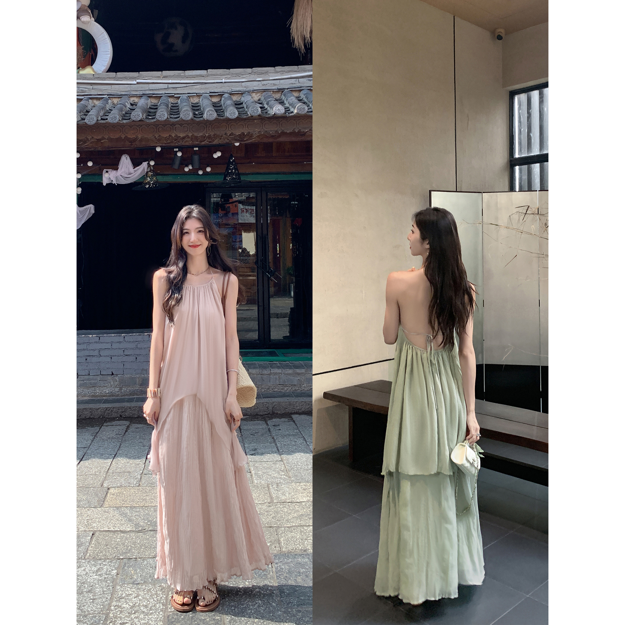 慵懒感套装挂脖上衣半身裙