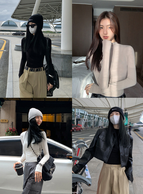 MULVAN 黑色半高领针织打底衫女秋冬长袖褶皱t恤修身显瘦内搭上衣