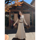 MULVAN Cozy随行 米白色高腰百褶针织半身裙女慵懒风垂感a字伞裙