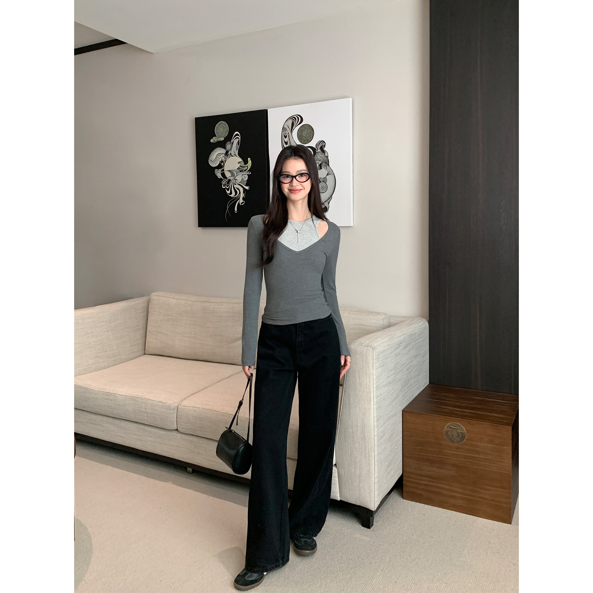 宽松牛仔裤阔腿高腰黑色垂感长裤