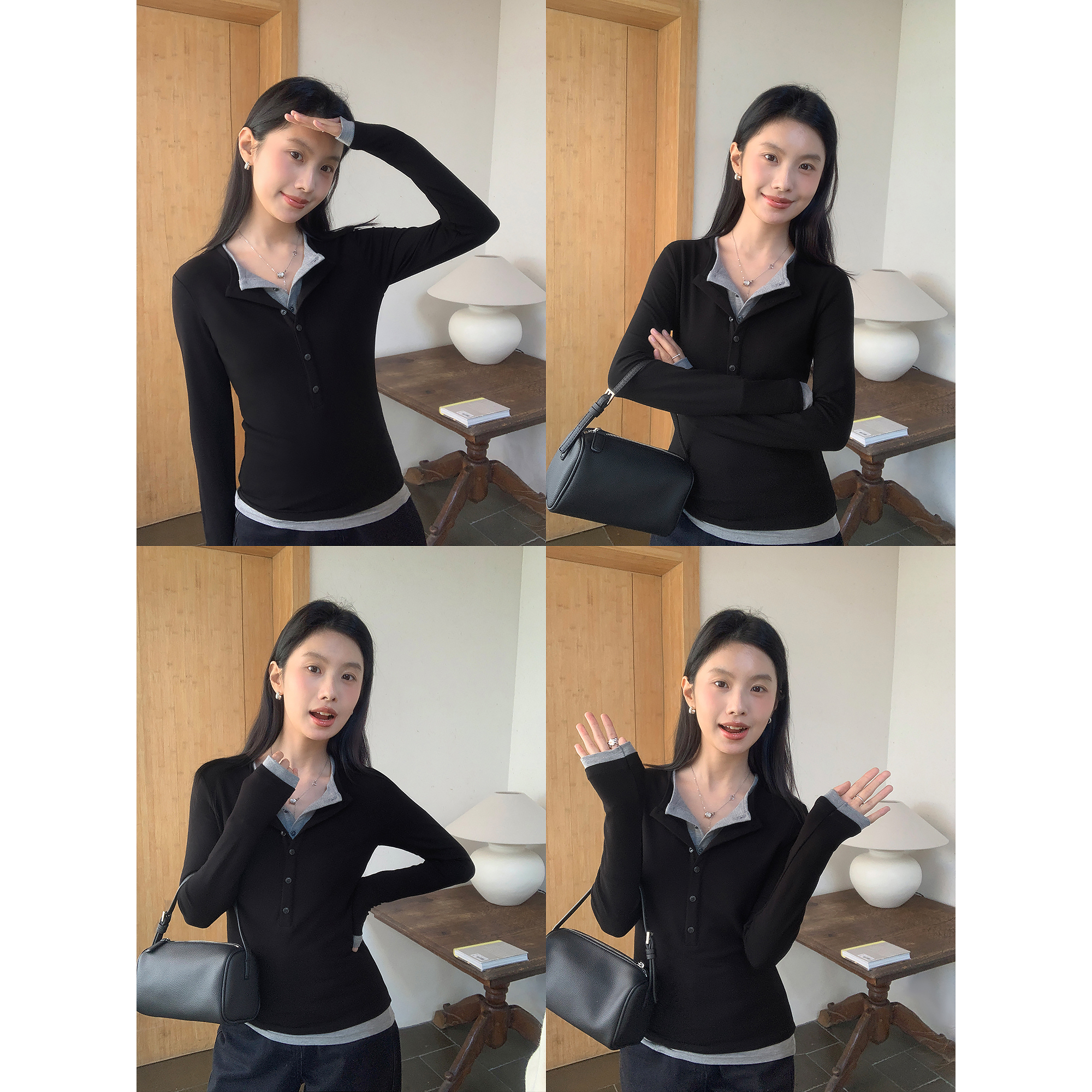 撞色半开领假两件长袖t恤打底衫