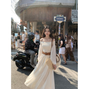 MULVAN 气质一字肩泡泡袖 新品 云肩假日 连衣裙女收腰长裙 8折