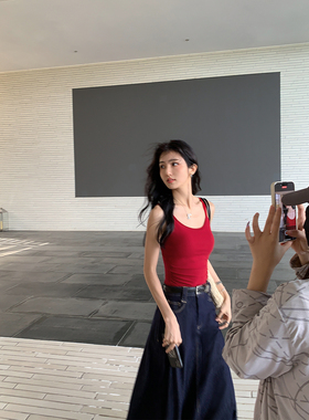 MULVAN基础款红色吊带背心女带胸垫夏季收腰显瘦针织无袖辣妹上衣