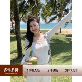 MULVAN白色U领花边针织上衣女2024新款修身高腰短款设计感长袖t恤