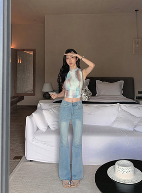 MULVAN 高智感裤 深蓝色紧身微喇牛仔裤女显高修身喇叭直筒裤夏