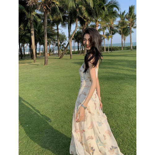 MULVAN 清冷氛围感~蝴蝶印花网纱吊带连衣裙女度假风收腰气质长裙