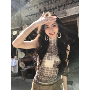 别致无袖 MULVAN 网纱修身 撞色格纹半高领背心女薄款 上衣 古着日记