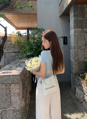 MULVAN 【现货7折】蓝色u领短袖T恤女夏设计感小众修身显瘦上衣